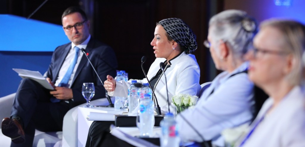 Panel discussion on ‘Strengthening the Climate Adaptation and Peacebuilding Nexus: The Way Forward’ with Yasmine Fouad, Minister of Environment and COP27 Envoy and Ministerial Coordinator, Arab Republic of Egypt, Stephen Par Kuol, Minister of Peacebuilding, Republic of South Sudan, and Bankole Adeoye, Commissioner of Political Affairs, Peace and Security, African Union Commission. Photo: Aswan Forum for Sustainable Peace and Development